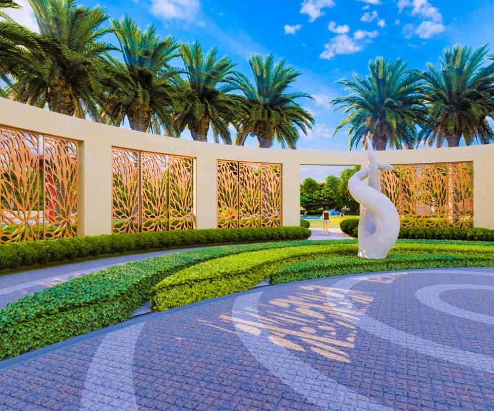 Open plaza with mountain backdrop